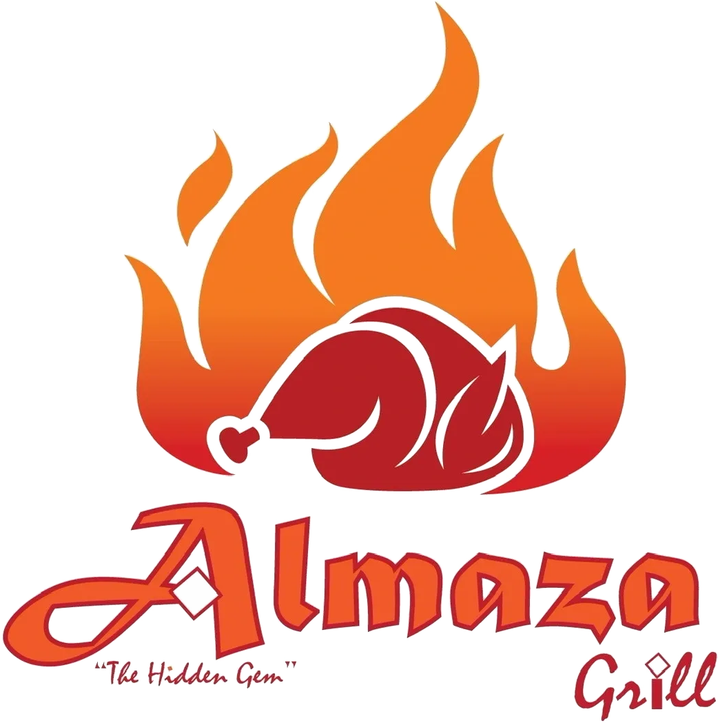 A logo of almaza grill with an image of a chicken on fire.